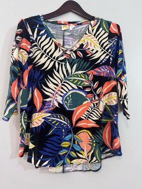 C&C California Multi-Color Tropical V-Neck 3/4 Sleeve Top, 1X